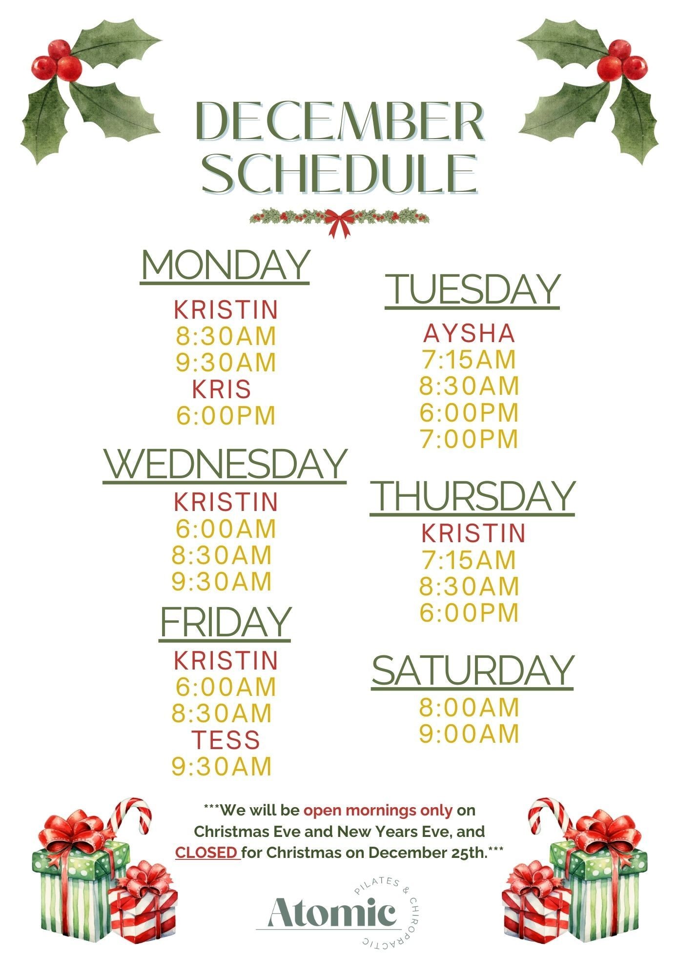 December Pilates Schedule